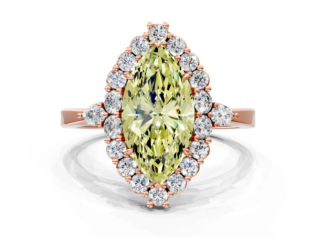 Rose gold Fancy Yellow Marquise Cut Diamond Halo Ring with Pear Side Stones and Prong Setting_16