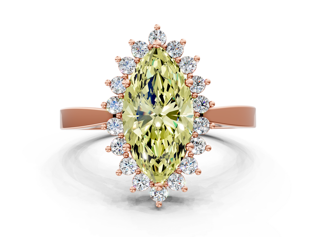 Rose gold Fancy Yellow Marquise  Cut Diamond Halo Ring with Round Brilliant Halo and Solitaire Band