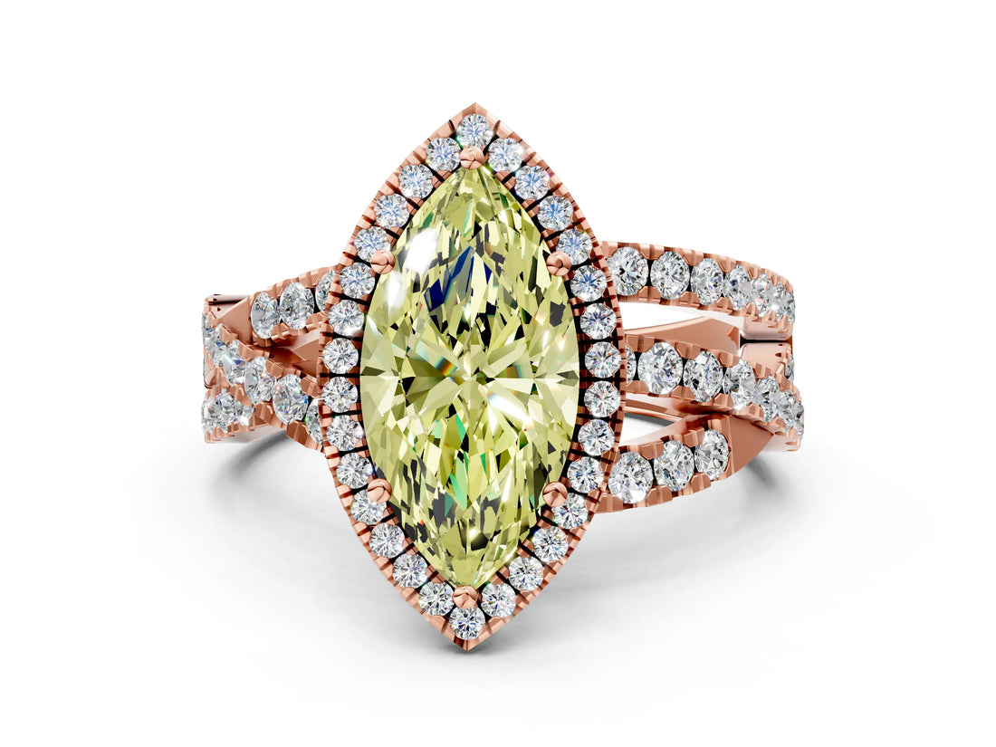 Rose gold Fancy Yellow Marquise Cut Diamond Halo Ring with Round Split Shank and Prong Setting_36