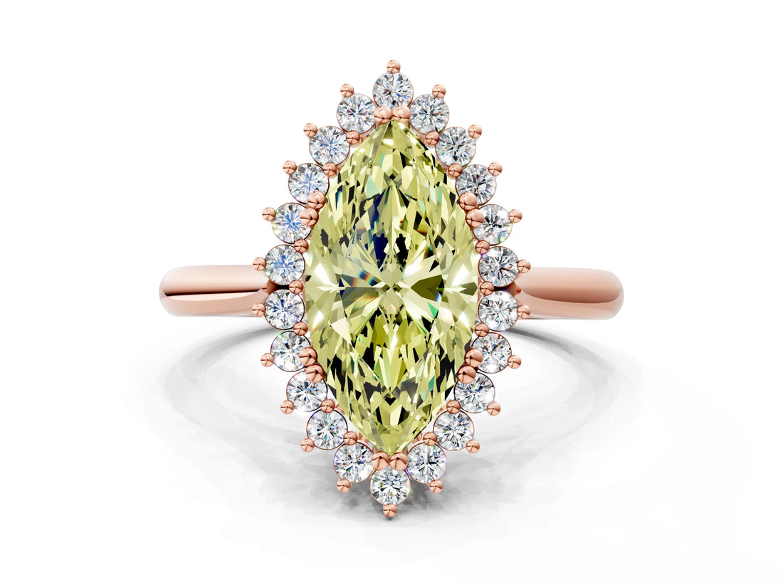 Rose gold Fancy Yellow Marquise  Cut Diamond Halo Ring with Solitaire Band and Prong Setting_29