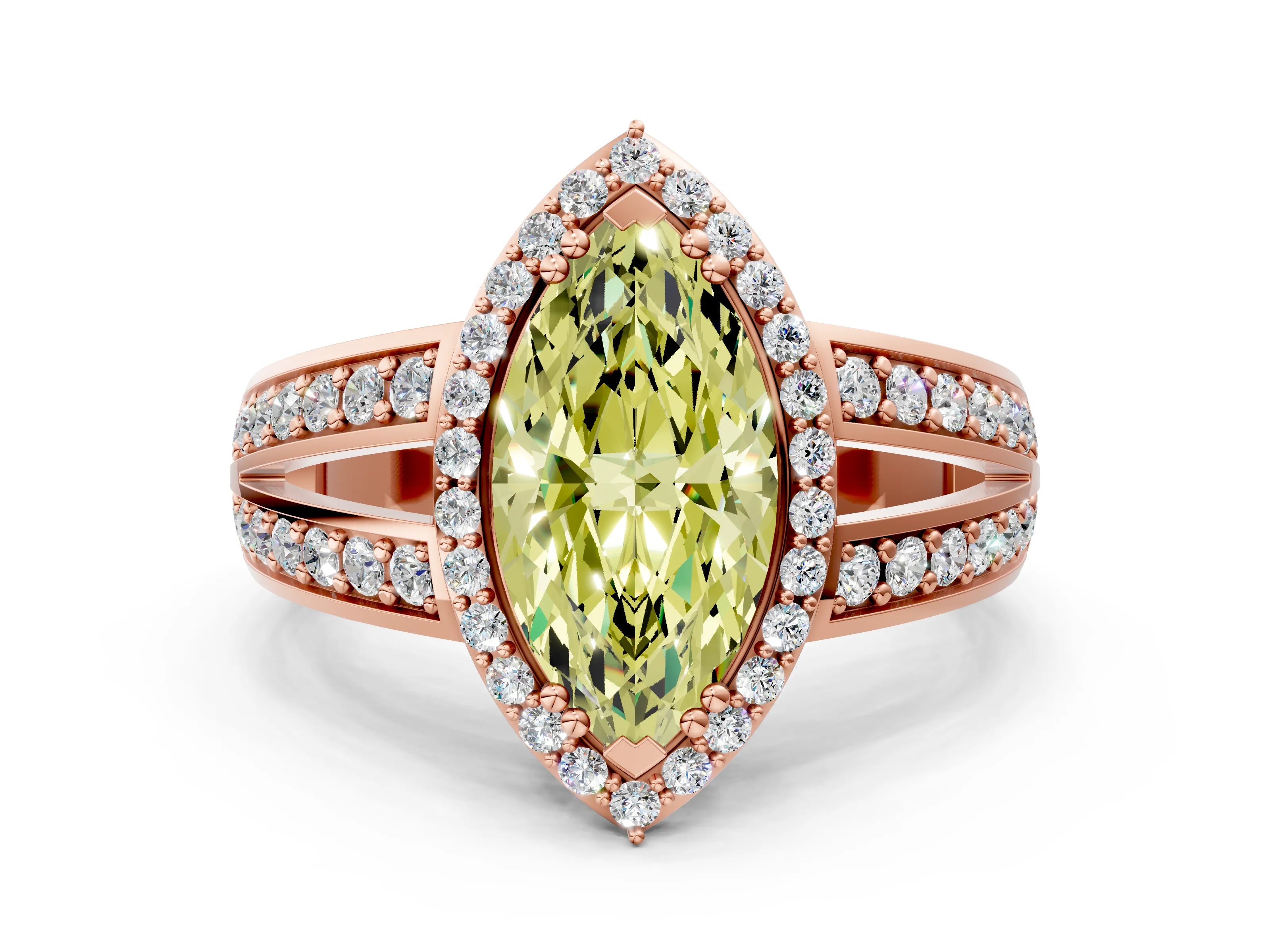 Rose gold Fancy Yellow Marquise Cut Diamond Halo Ring with Split Shank Pavé Band and Four-Prong Setting