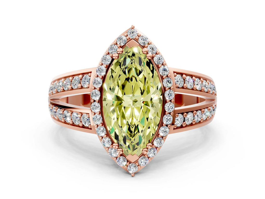 Rose gold Fancy Yellow Marquise Cut Diamond Halo Ring with Split Shank Pavé Band and Four-Prong Setting