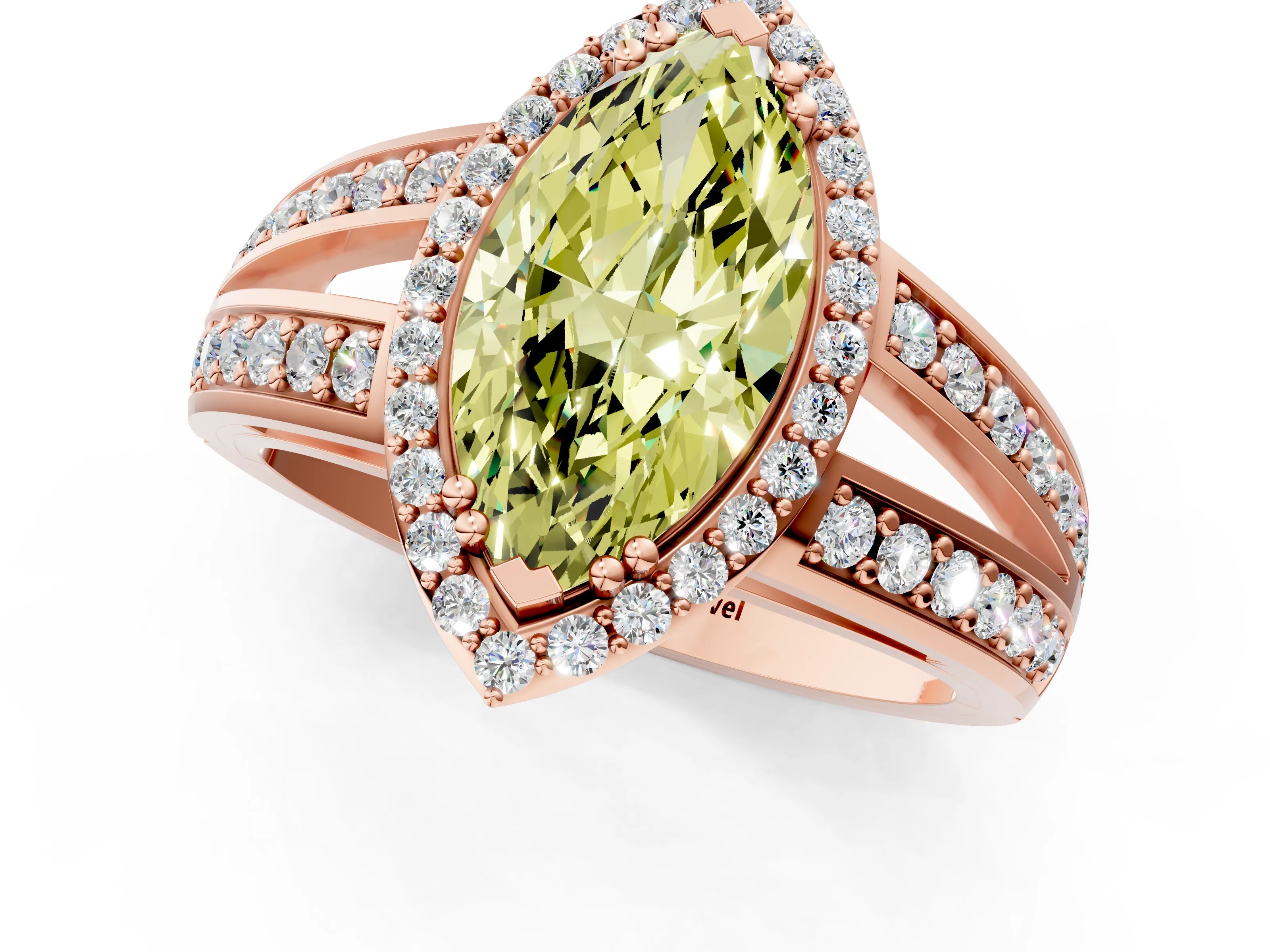 Rose gold Fancy Yellow Marquise Cut Diamond Halo Ring with Split Shank Pavé Band and Four-Prong Setting_1