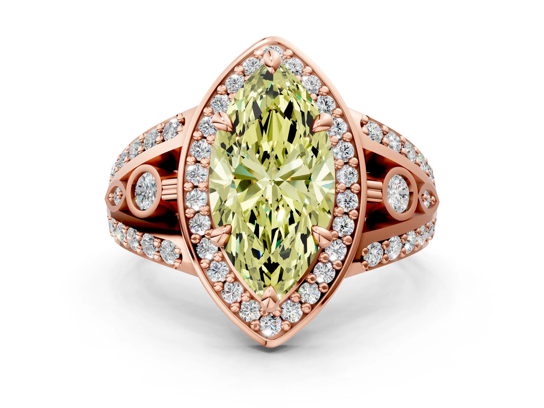 Rose gold Fancy Yellow Marquise Cut Diamond Halo Ring with Split Shank and Bezel Accents and Four-Prong Setting