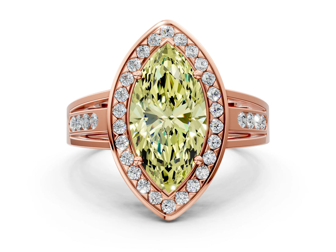 Rose gold Fancy Yellow Marquise Cut Diamond Halo Ring with Split Shank and Bezel Accents and Prong Setting