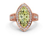 Rose gold Fancy Yellow Marquise Cut Diamond Halo Ring with Split Shank and Bezel Accents and Prong Setting