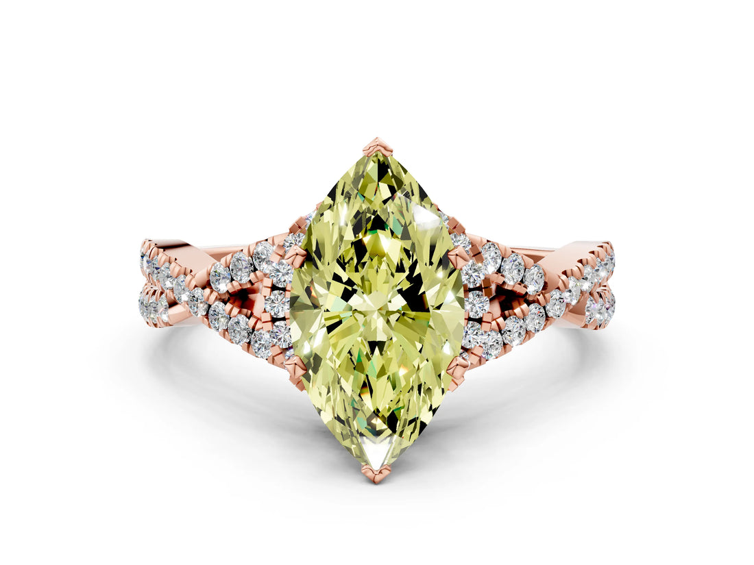 Rose gold Fancy Yellow Marquise Cut Diamond  Halo Twist Band Solitaire Prong Setting Ring_48