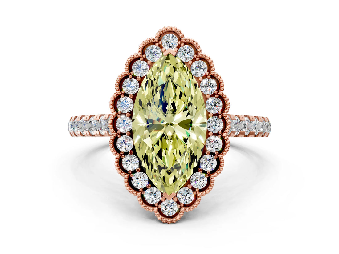 Rose gold Fancy Yellow Marquise  Cut Diamond Milgrain Floral Halo Engagement Ring with Pavé Band_15