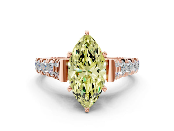 Rose gold Fancy Yellow Marquise Cut Diamond Classic Solitaire Ring with Pavé Band and Four-Prong Setting