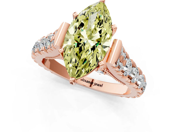 Rose gold Fancy Yellow Marquise Cut Diamond Classic Solitaire Ring with Pavé Band and Four-Prong Setting