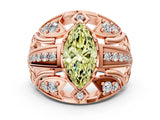 Rose gold Fancy Yellow Marquise Cut Diamond Pave Art Deco Split Shank Ring with Four-Prong Setting