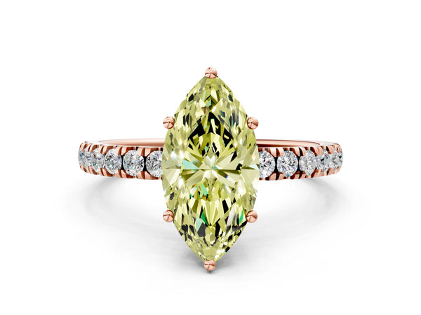 Rose gold Fancy Yellow Marquise Cut Diamond Pave Band Solitaire Ring with Round  and Prong Setting