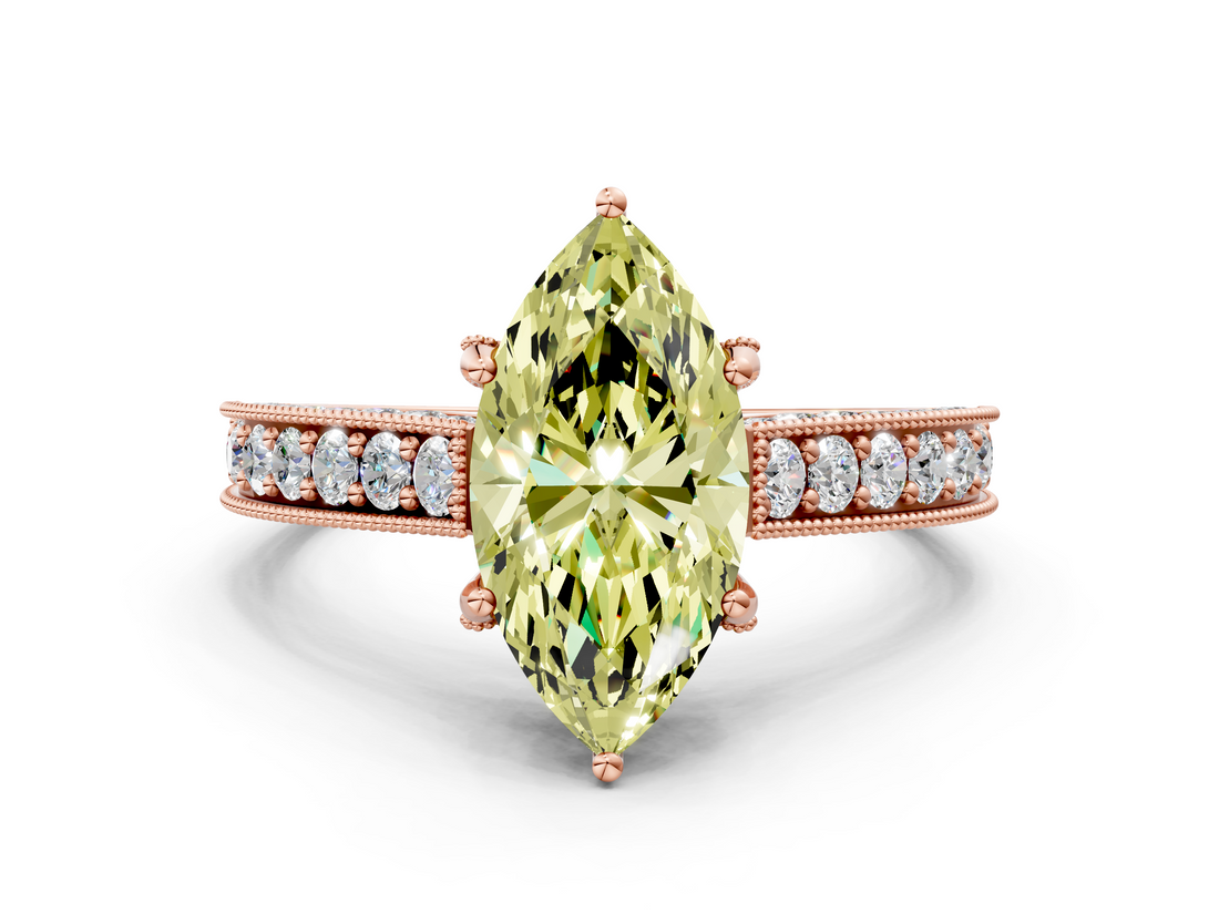 Rose gold Fancy Yellow Marquise  Cut Diamond Pave Band with Four-Prong Setting