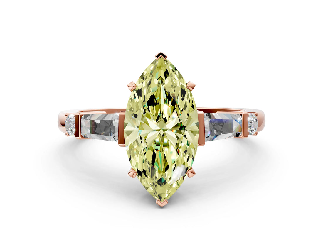 Rose gold Fancy Yellow Marquise  Cut Diamond Ring with Baguette Side Stones, Channel Set Band, and Four-Prong Setting_24