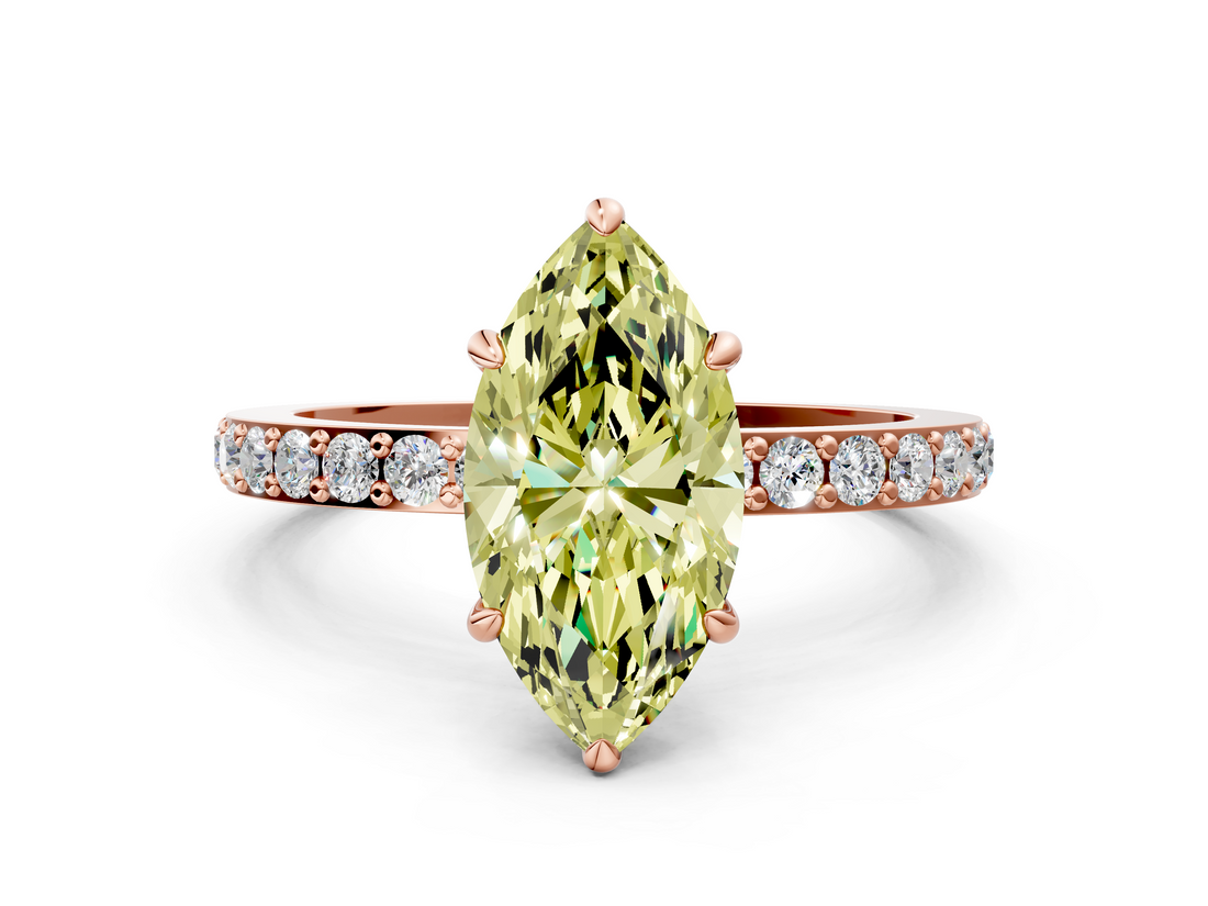 Rose gold Fancy Yellow Marquise  Cut Diamond Ring with Pavé Band and Four-Prong Setting