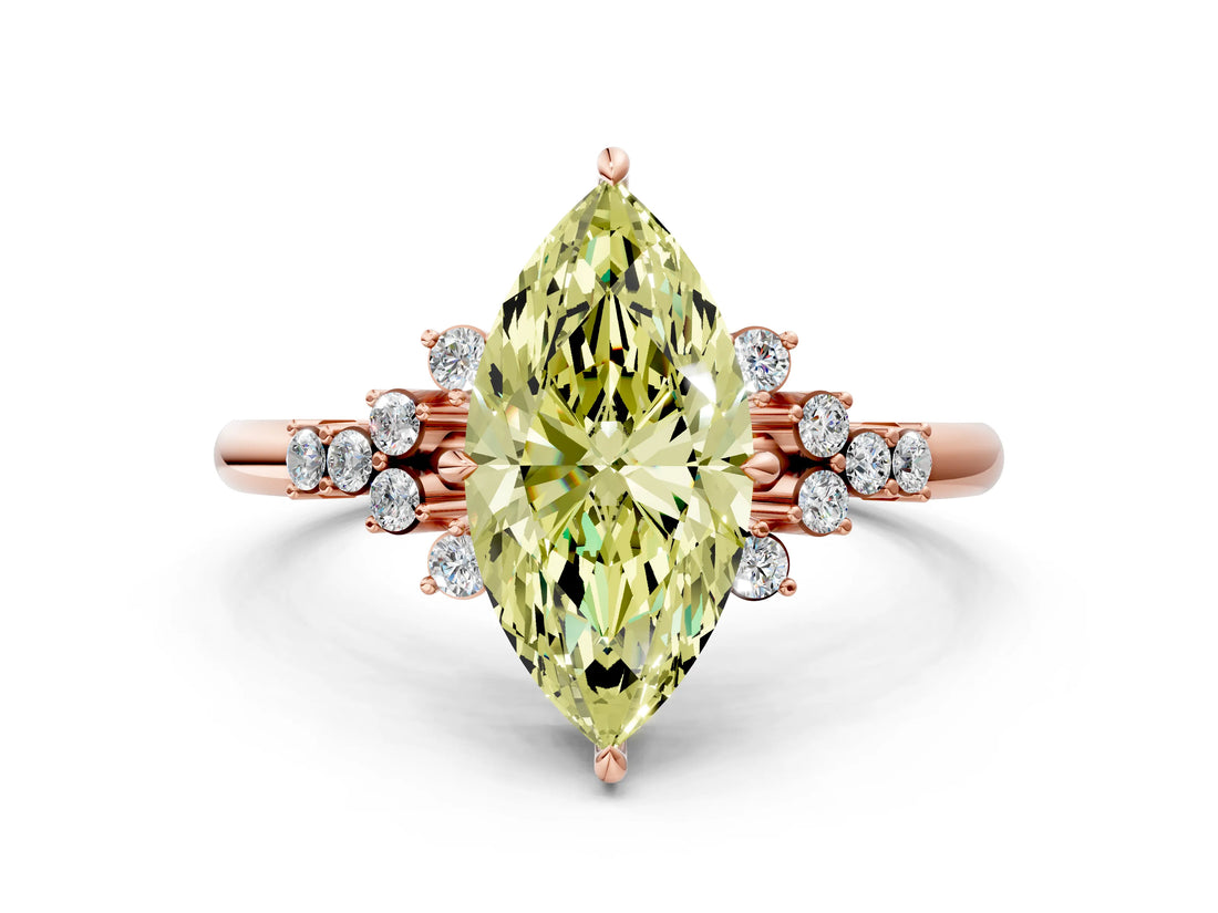 Rose gold Fancy Yellow Marquise Cut Diamond Ring with Side Stones and Four-Prong Setting_57