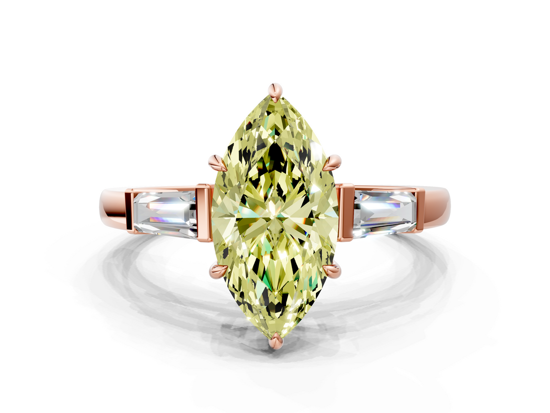 Rose gold Fancy Yellow Marquise  Cut Diamond Ring with Tapered Baguette Side Stones in Four-Prong Setting