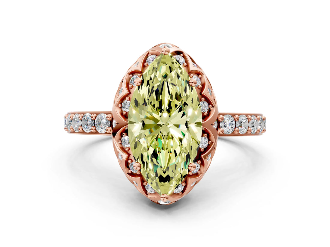 Rose gold Fancy Yellow Marquise Cut Diamond Scalloped Halo Engagement Ring with Round Shared Prong Band_12