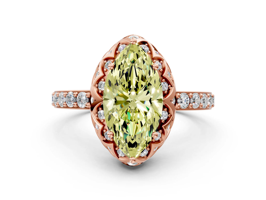 Rose gold Fancy Yellow Marquise Cut Diamond Scalloped Halo Engagement Ring with Round Shared Prong Band_24