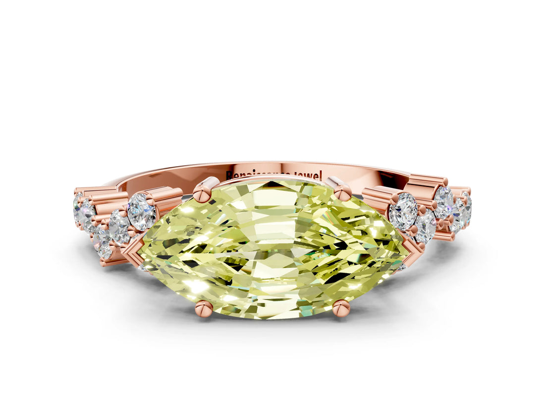 Rose gold Fancy Yellow Marquise Cut Diamond Scattered Round Accent Ring with Prong Setting_12