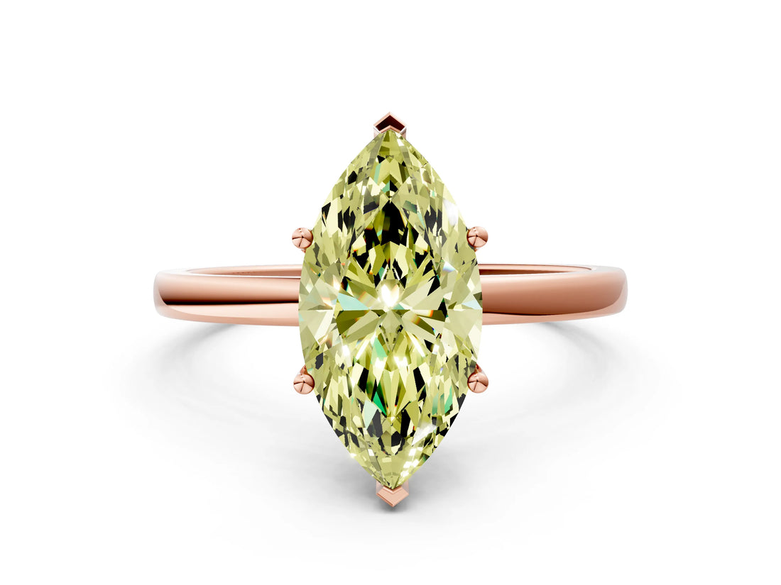 Rose gold Fancy Yellow Marquise Cut Diamond Solitaire Ring with Classic Band and Four-Prong Setting