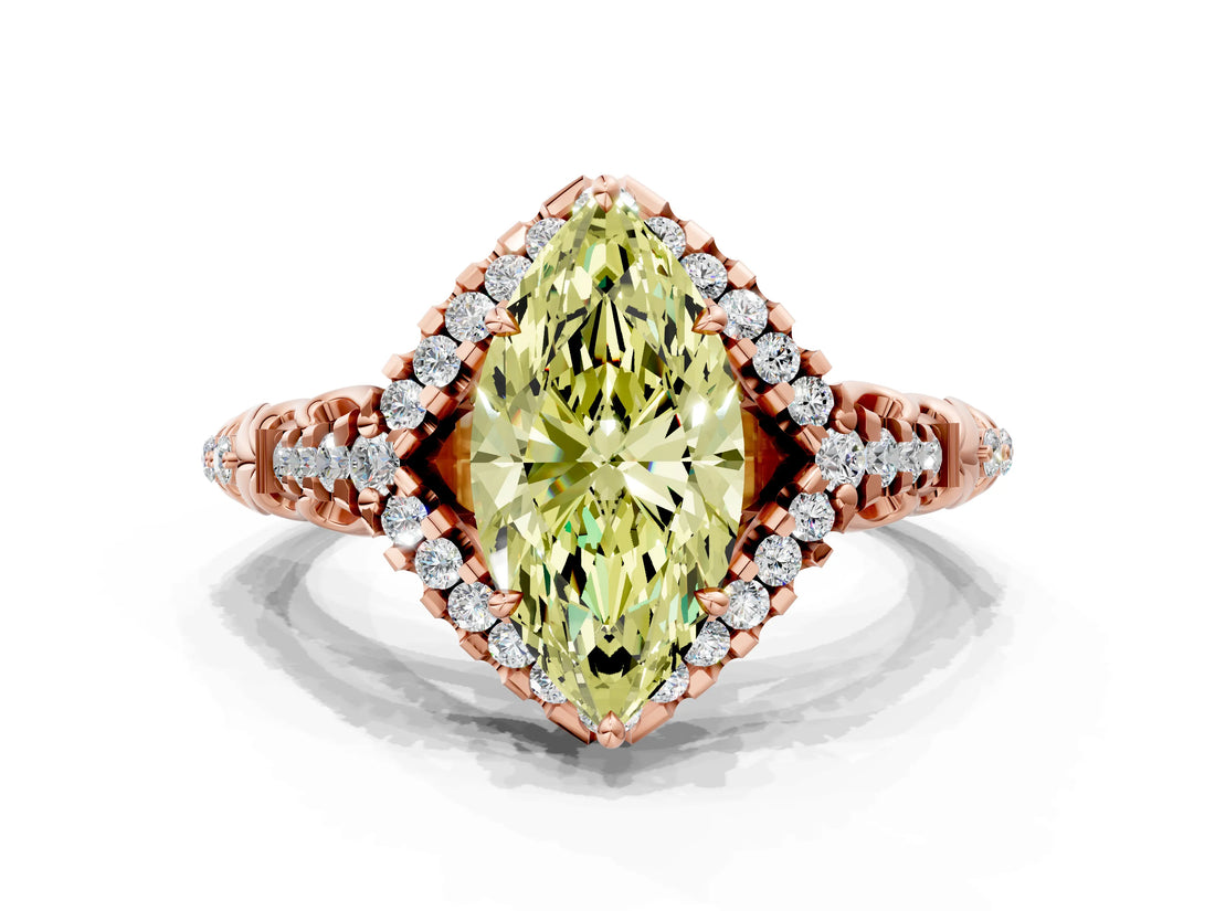 Rose gold Fancy Yellow Marquise Cut Diamond Solitaire Ring with Hidden Halo and Pavé Band_27
