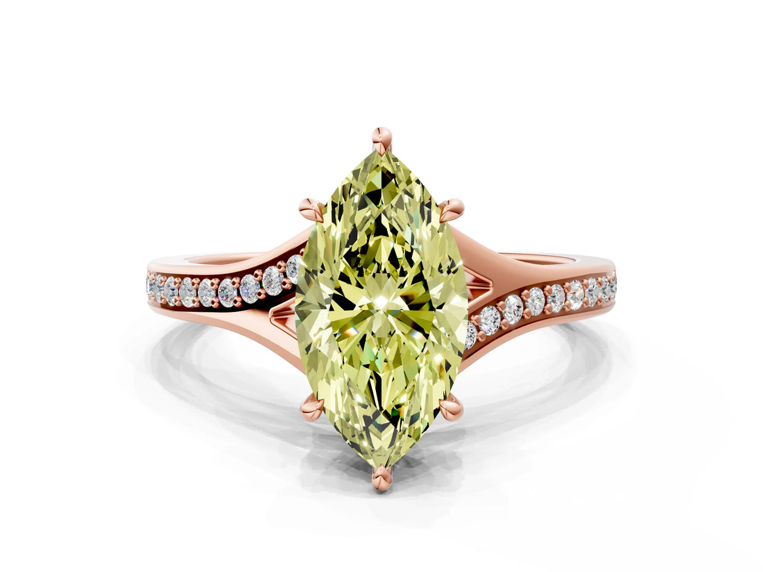 Rose gold Fancy Yellow Marquise Cut Diamond Solitaire Ring with Pavé Band and Prong Setting_12