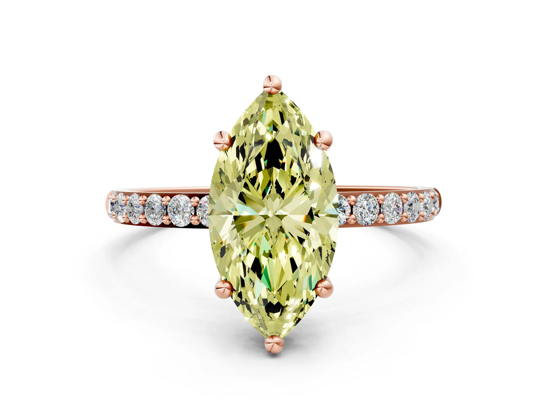 Rose gold Fancy Yellow Marquise Cut Diamond Solitaire Ring with Pave Band and Four Prong Setting_12