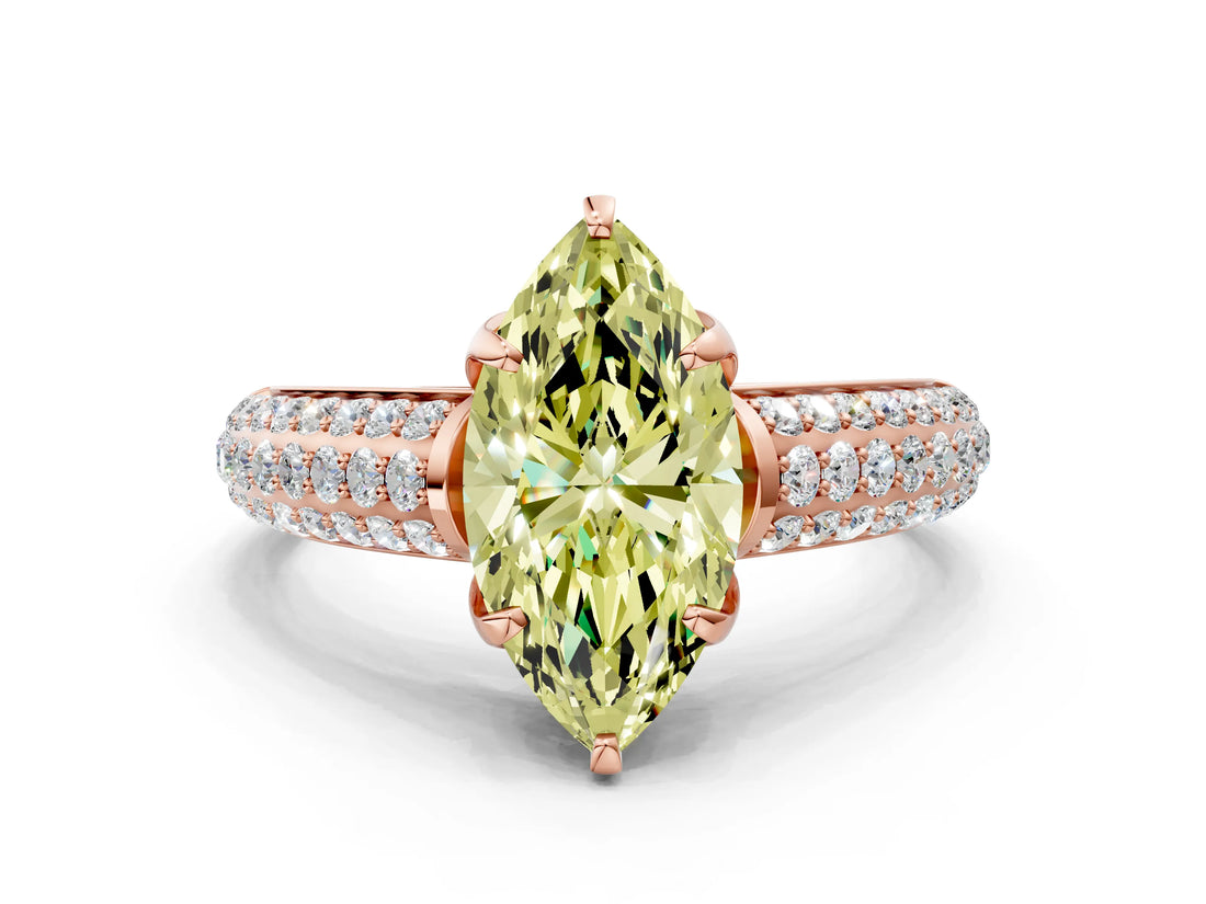 Rose gold Fancy Yellow Marquise Cut Diamond Solitaire Ring with Three-Row Pavé Band and Four-Prong Setting_17