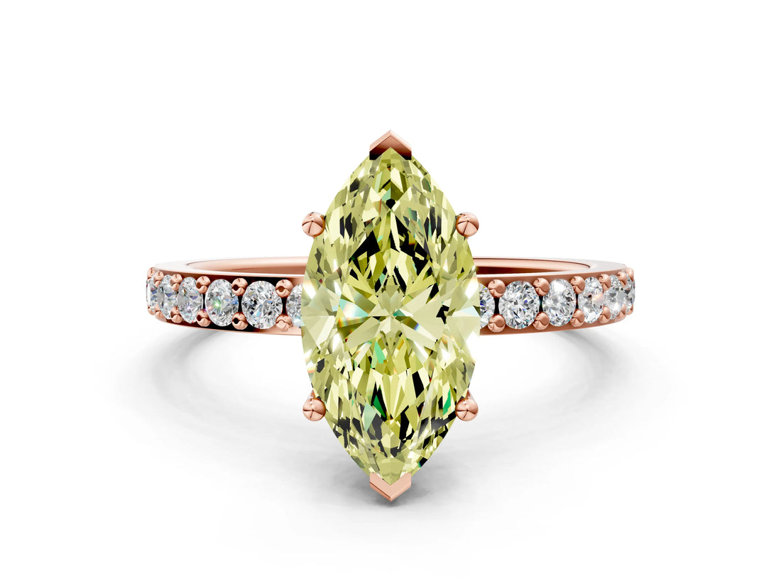 Rose gold Fancy Yellow Marquise  Cut Diamond Solitaire with Pave Band and Four-Prong Setting 1