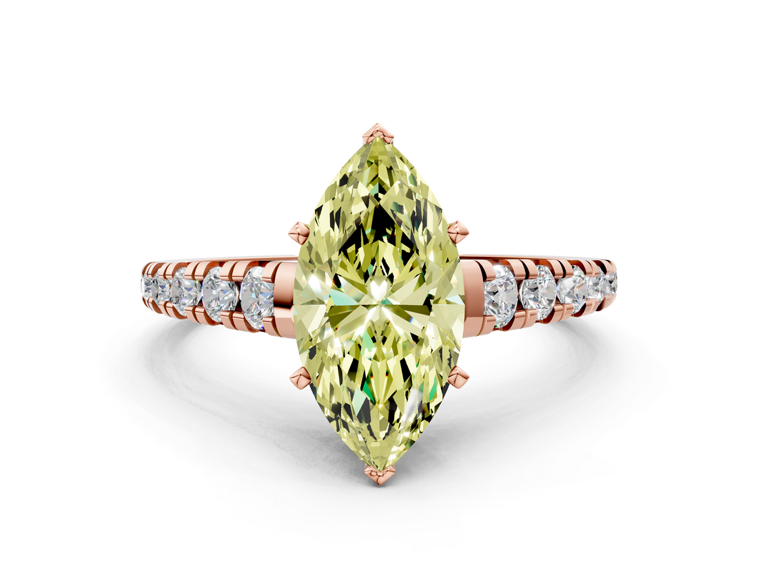Rose gold Fancy Yellow Marquise  Cut Diamond Solitaire with Pave Band and Four-Prong Setting