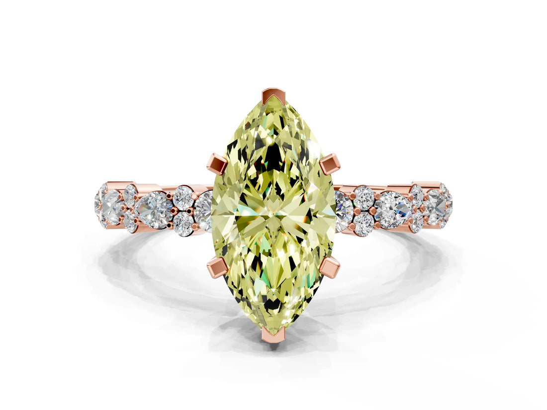 Rose gold Fancy Yellow Marquise Cut Diamond Solitaire with Side Stones, Pave Band, Four-Prong Setting_29