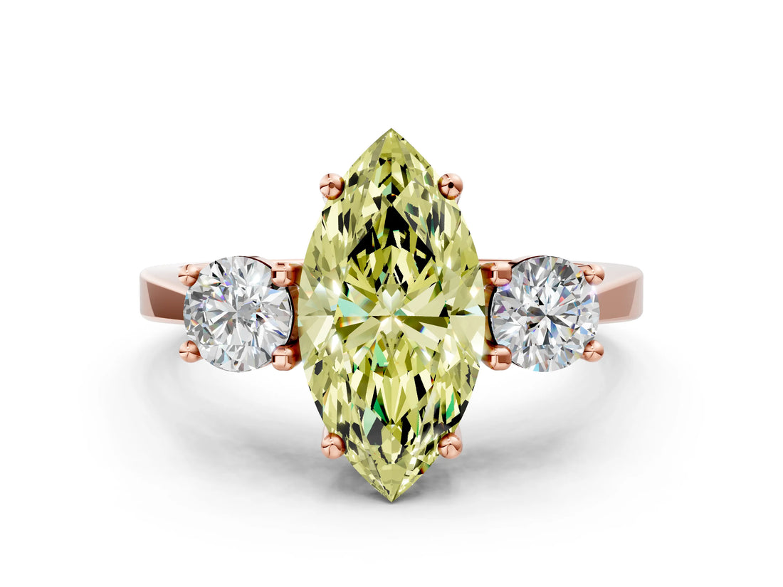Rose gold Fancy Yellow Marquise Cut Diamond Three-Stone Engagement Ring with Prong Setting and Pavé Band