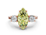 Rose gold Fancy Yellow Marquise Cut Diamond Three-Stone Engagement Ring with Prong Setting and Pavé Band
