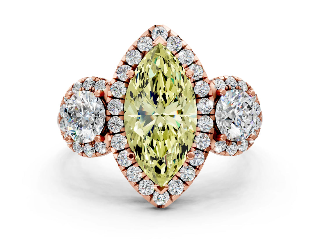 Rose gold Fancy Yellow Marquise Cut Diamond Three-Stone Halo Ring with Prong Setting and Pavé Accents