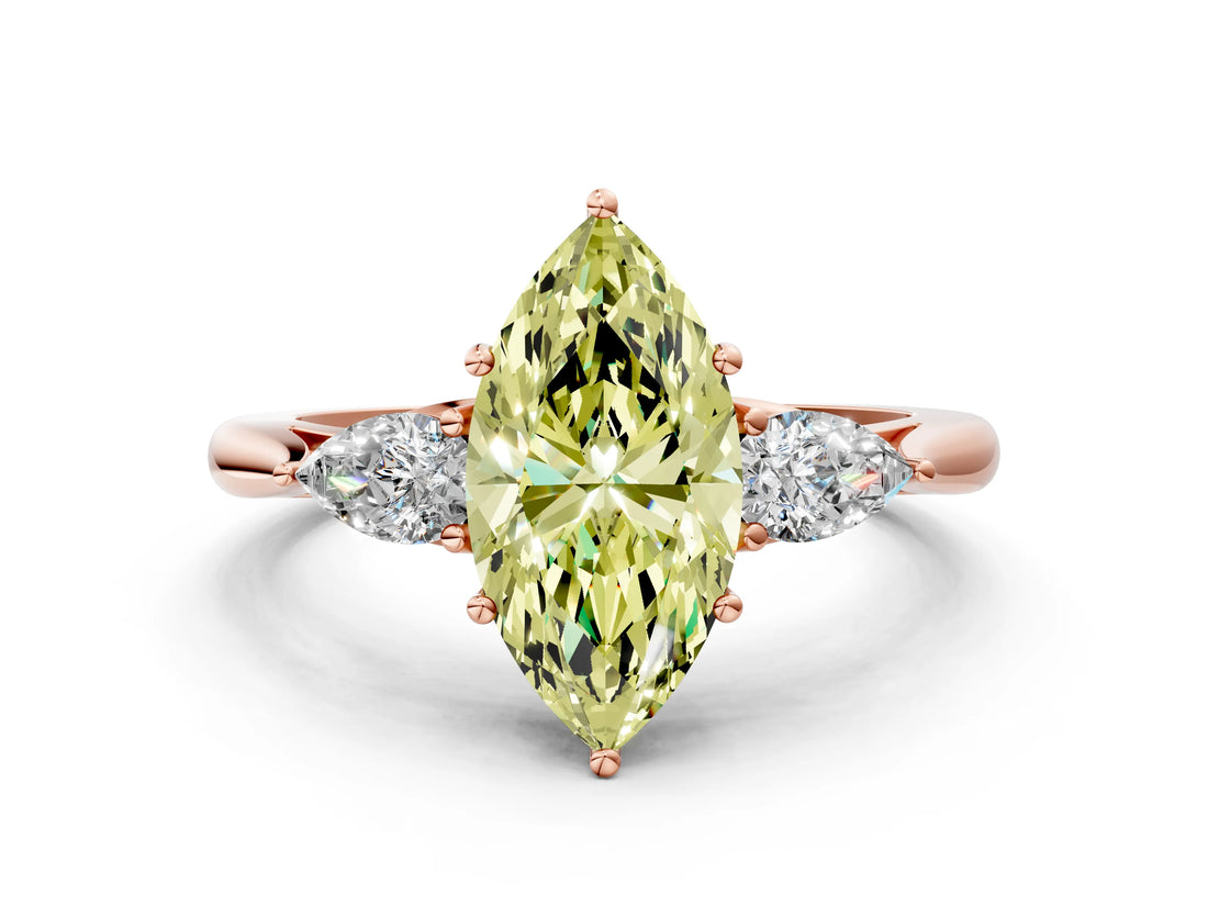 Rose gold Fancy Yellow Marquise Cut Diamond Three-Stone Ring with Pear Side Stones and Four-Prong Setting_58