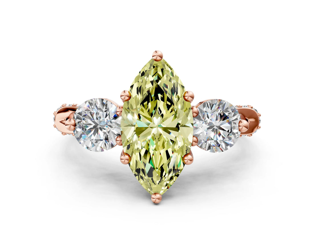 Rose gold Fancy Yellow Marquise Cut Diamond Three-Stone Ring with Prong Setting and Pavé Band