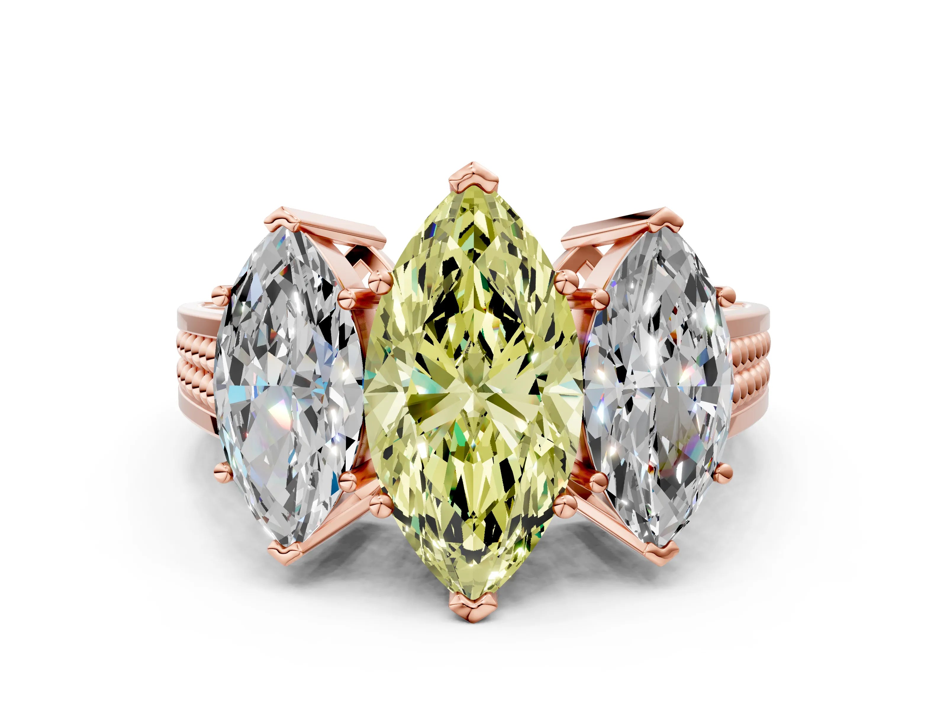 Rose gold Fancy Yellow Marquise Cut Diamond Three-Stone Ring with Prong Setting and Textured Band
