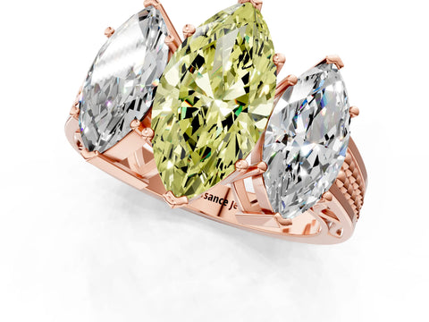 Rose gold Fancy Yellow Marquise Cut Diamond Three-Stone Ring with Prong Setting and Textured Band_1