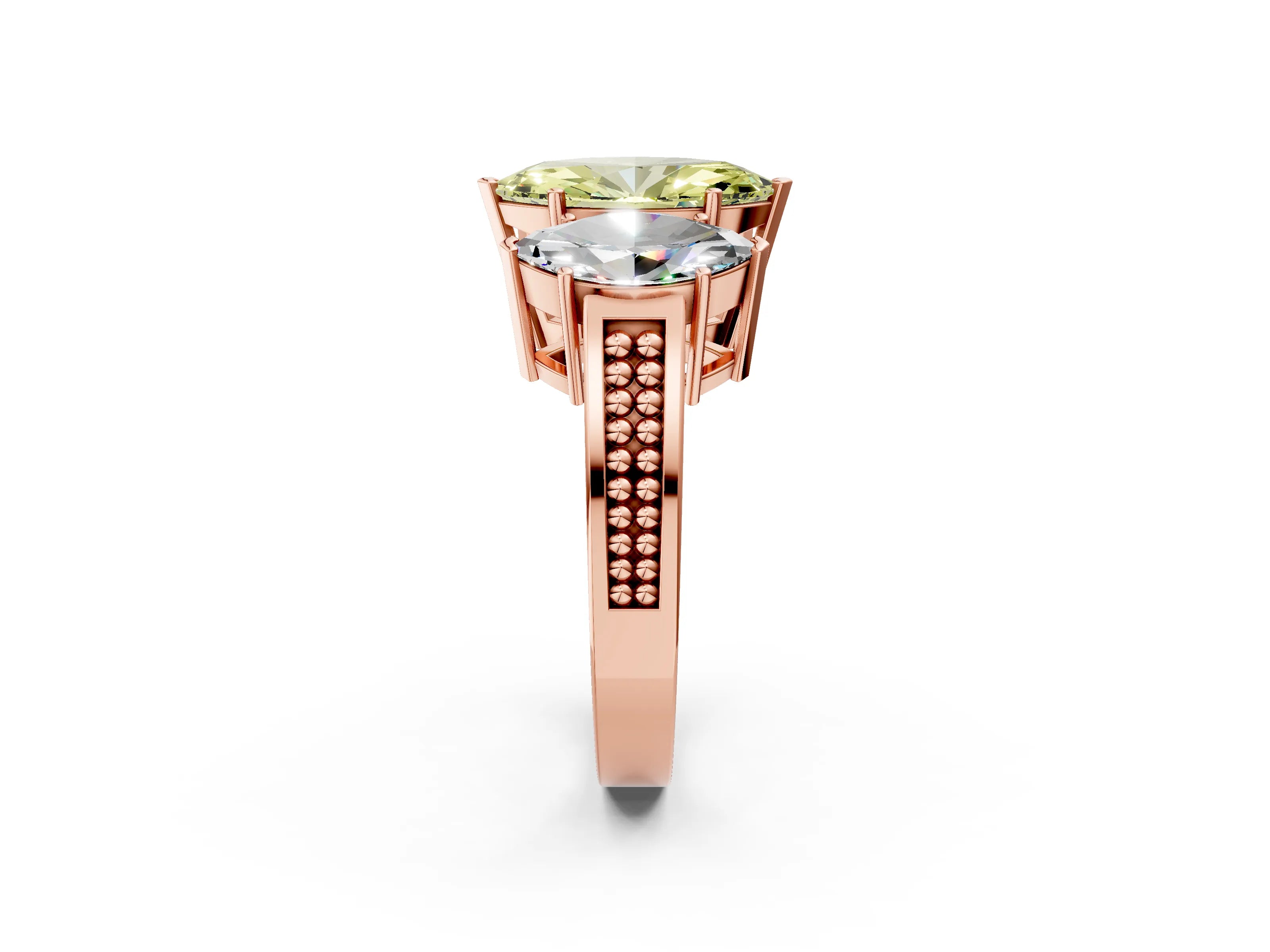 Rose gold Fancy Yellow Marquise Cut Diamond Three-Stone Ring with Prong Setting and Textured Band_2