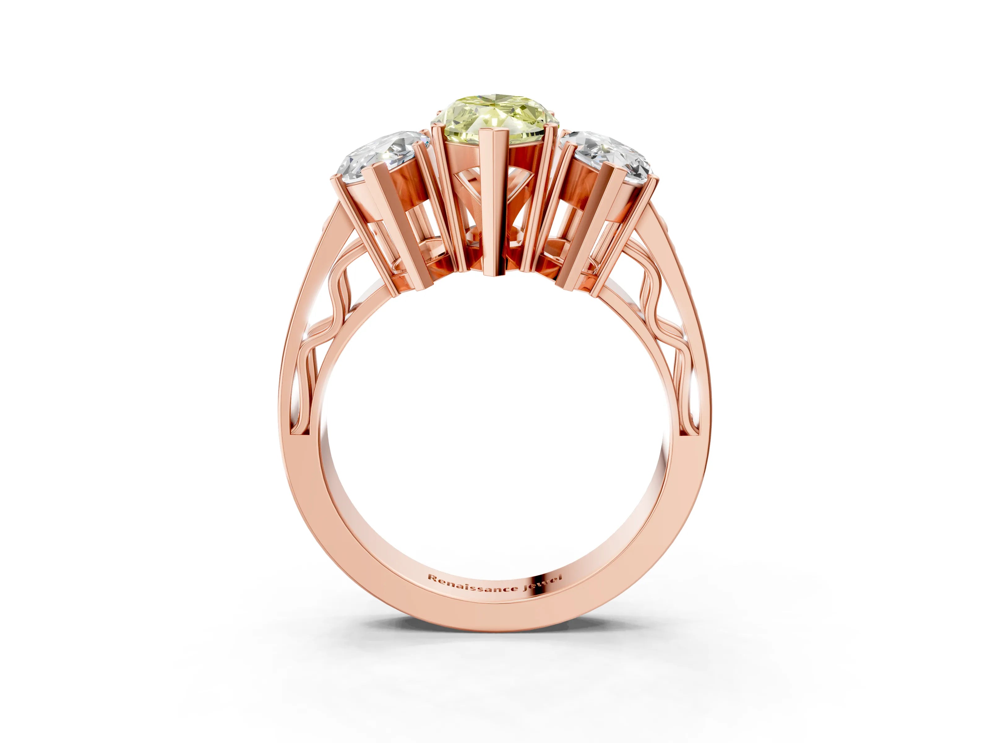 Rose gold Fancy Yellow Marquise Cut Diamond Three-Stone Ring with Prong Setting and Textured Band_3