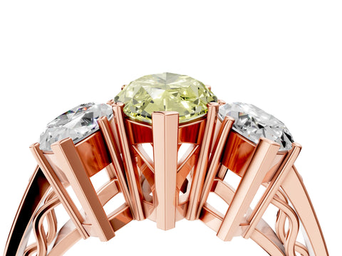 Rose gold Fancy Yellow Marquise Cut Diamond Three-Stone Ring with Prong Setting and Textured Band_4