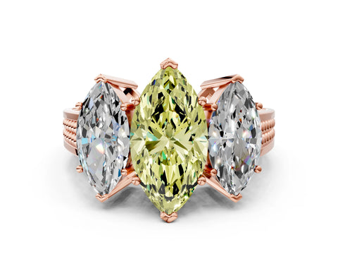 Rose gold Fancy Yellow Marquise Cut Diamond Three-Stone Ring with Prong Setting and Textured Band