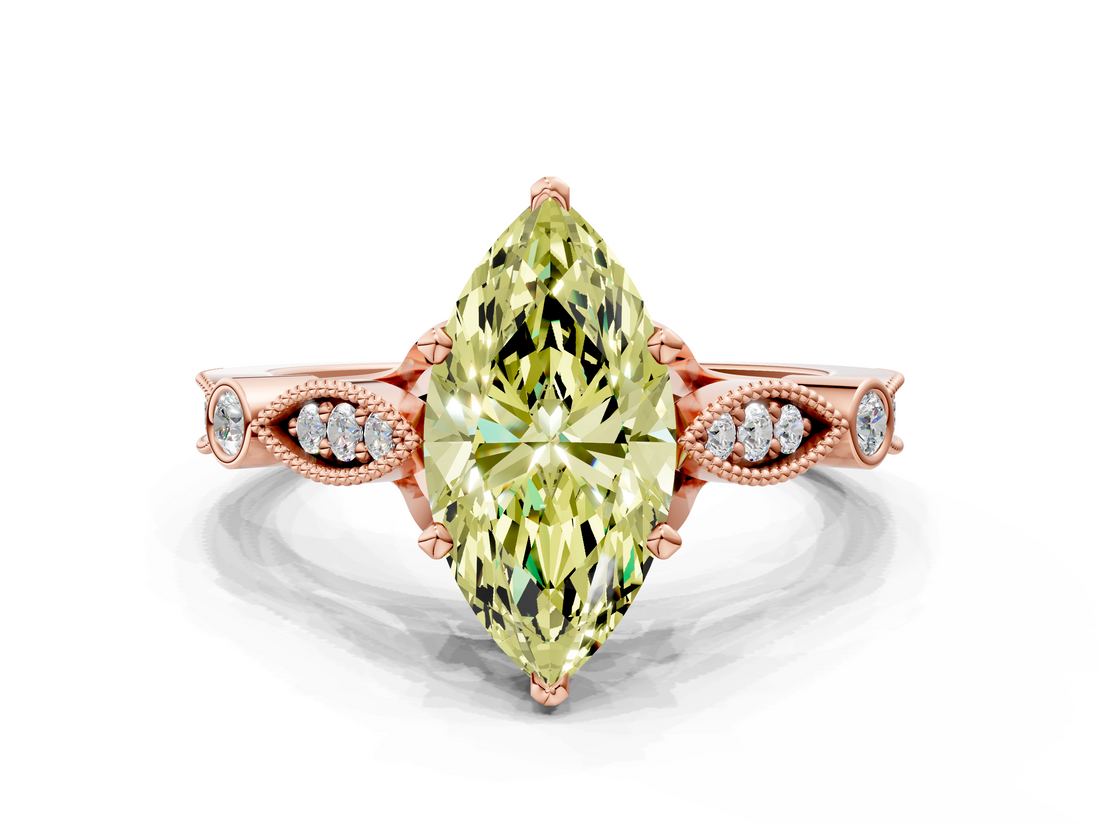 Rose gold Fancy Yellow Marquise  Cut Diamond with Milgrain Marquise and Bezel Accents on a Solitaire Band with Prong Setting
