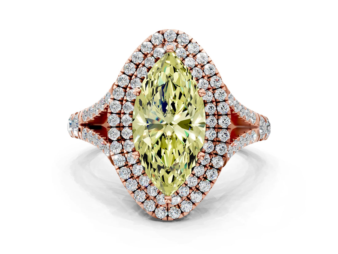 Rose gold Fancy Yellow Marquise  Cut Double Halo Split Shank Diamond Ring with Prong Setting_29