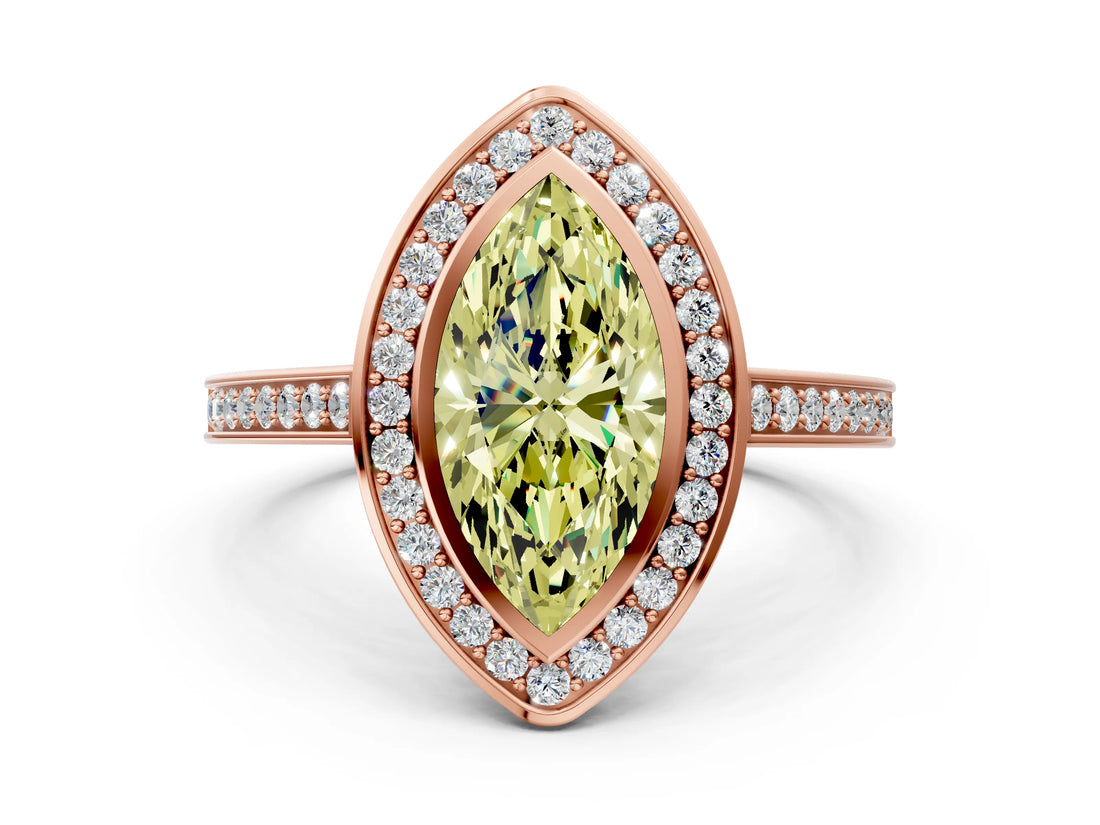 Rose gold Fancy Yellow Marquise Cut Halo Bezel Diamond Pave Band Ring