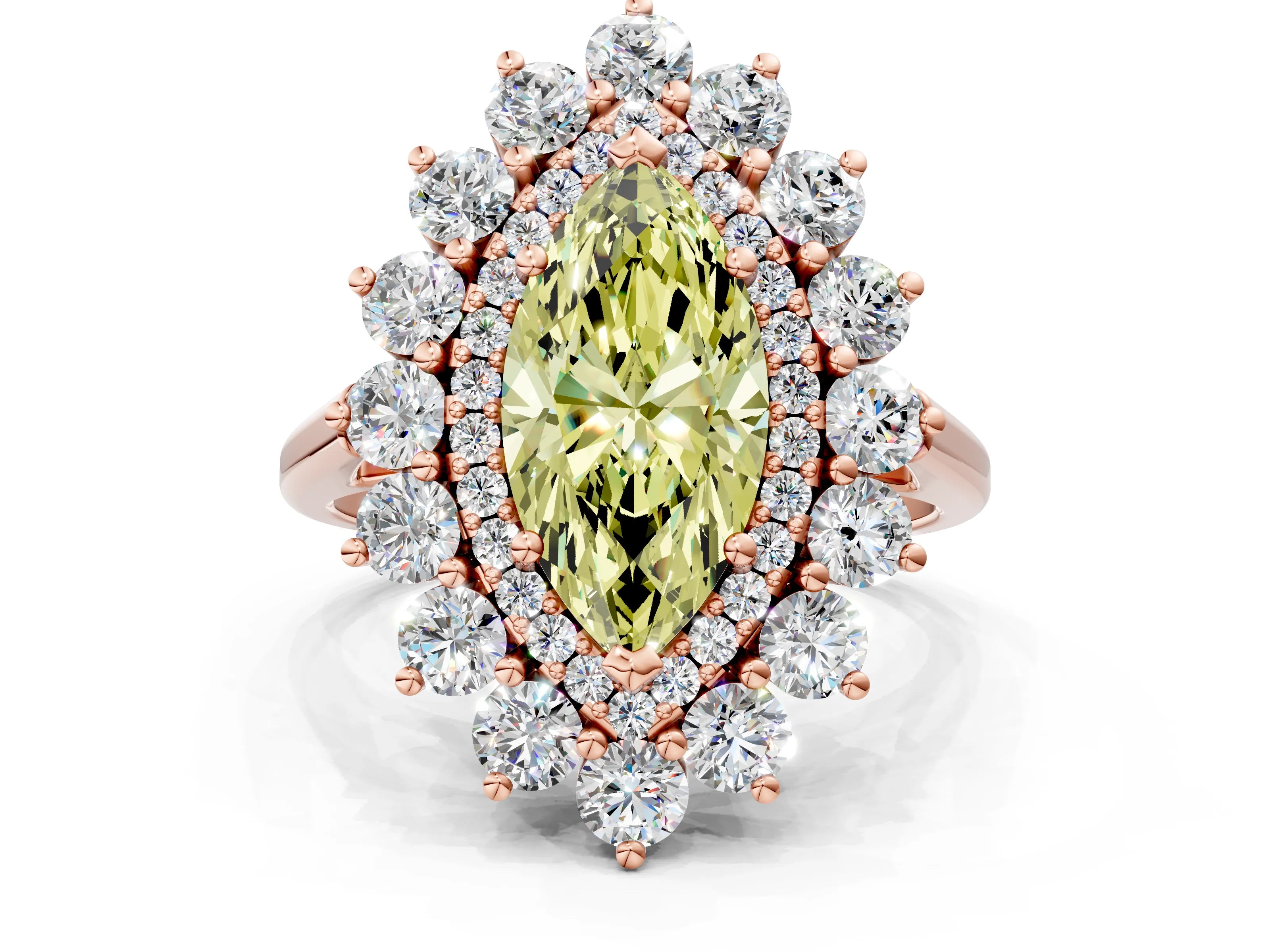 Rose gold Fancy Yellow Marquise Cut Halo Cluster Diamond Ring with Pave Band and Four-Prong Setting