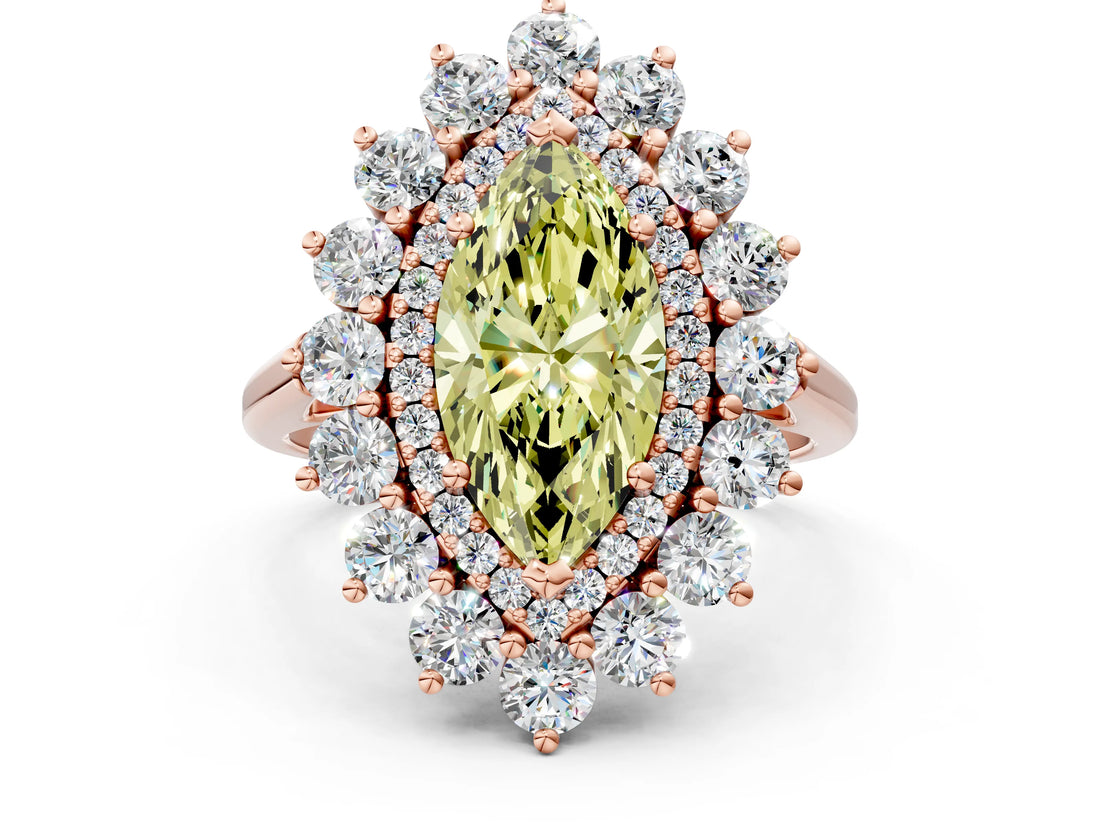 Rose gold Fancy Yellow Marquise Cut Halo Cluster Diamond Ring with Pave Band and Four-Prong Setting_12