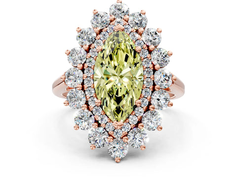 Rose gold Fancy Yellow Marquise Cut Halo Cluster Diamond Ring with Pave Band and Four-Prong Setting_12