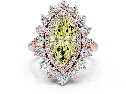 Rose gold Fancy Yellow Marquise Cut Halo Cluster Diamond Ring with Pave Band and Four-Prong Setting